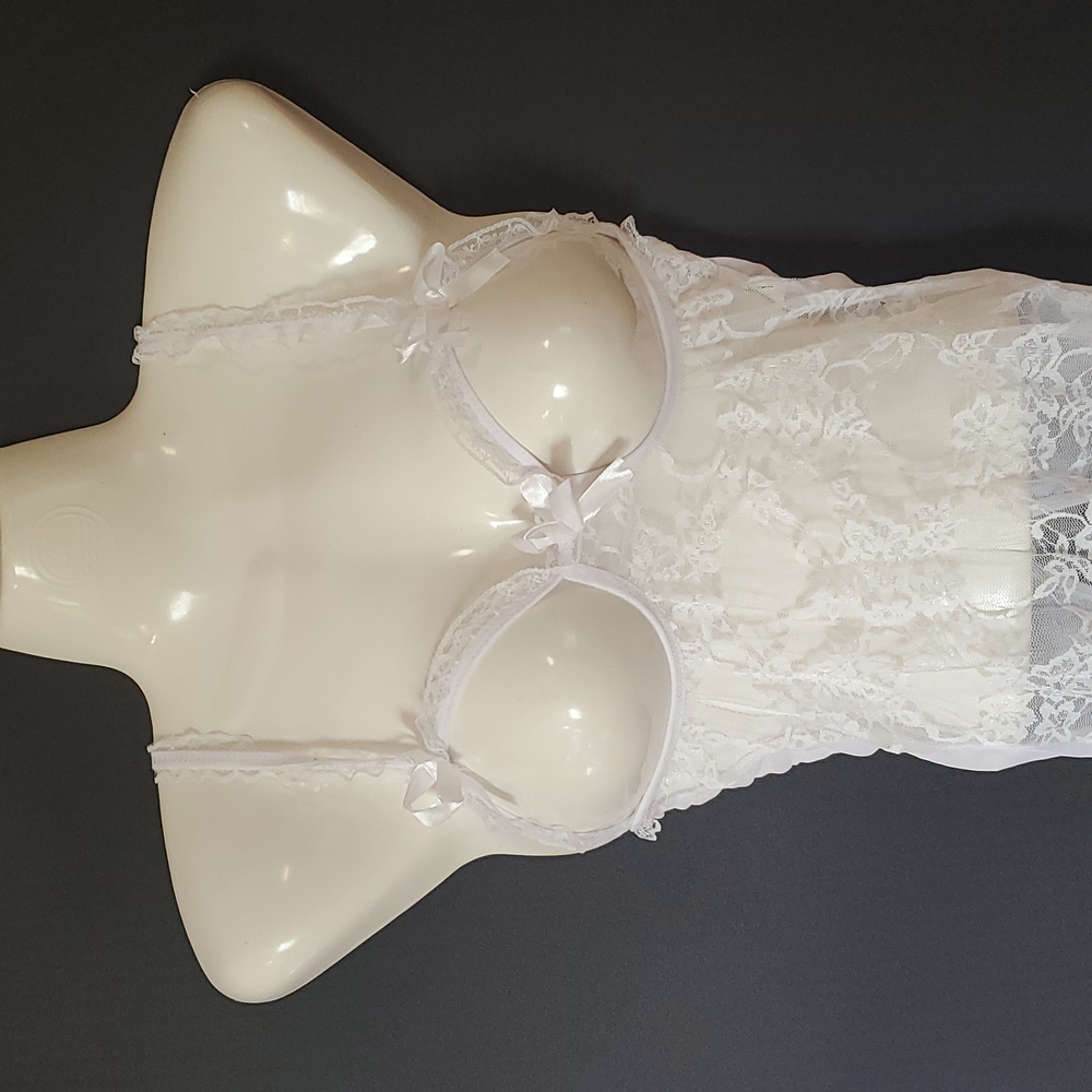 White Lace Sheer Babydoll Chemise with Bow Accents